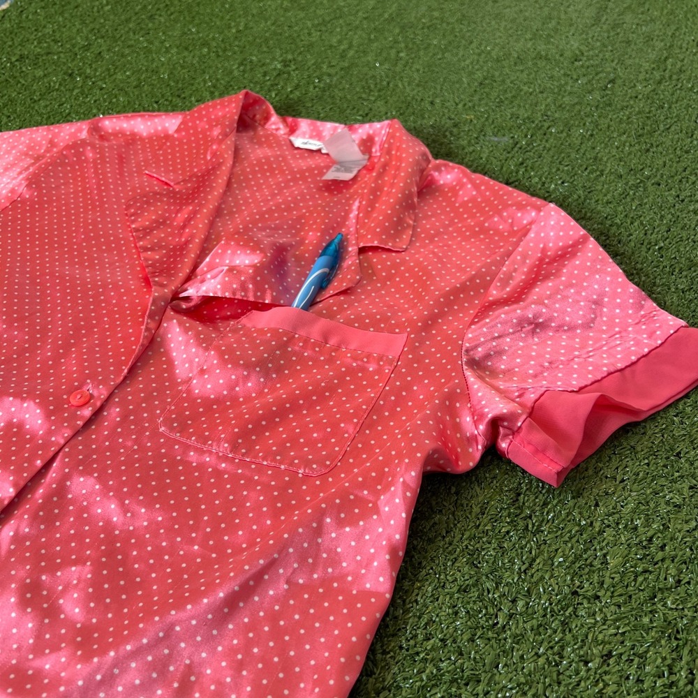Vintage Adonna Pink White Polka Dot Satin Pajama Shirt Top Collared SS Women's M - Picture 3 of 6
